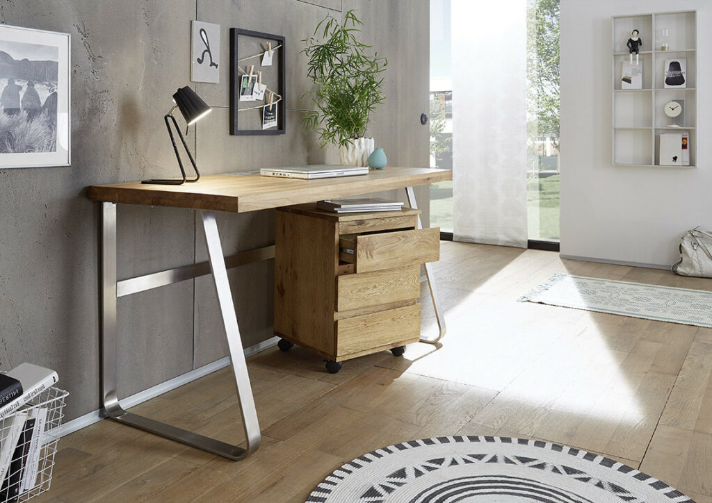 Lukas office desk in solid oak finish with steel legs