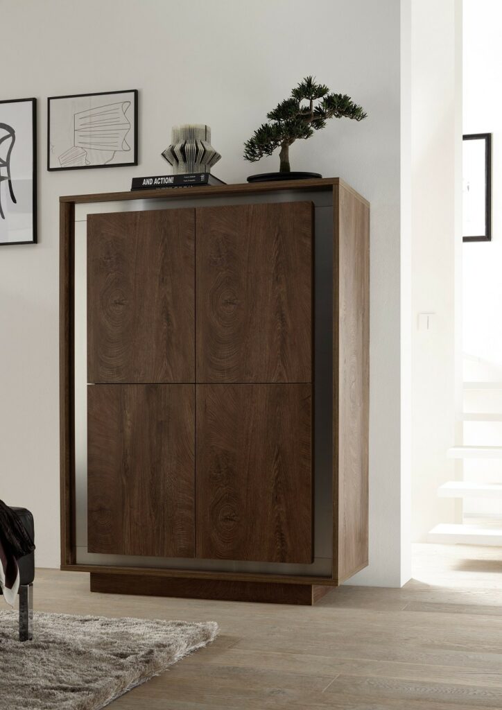 Amber Modern Storage Cabinet in Oak Cognac Finish with Inlays