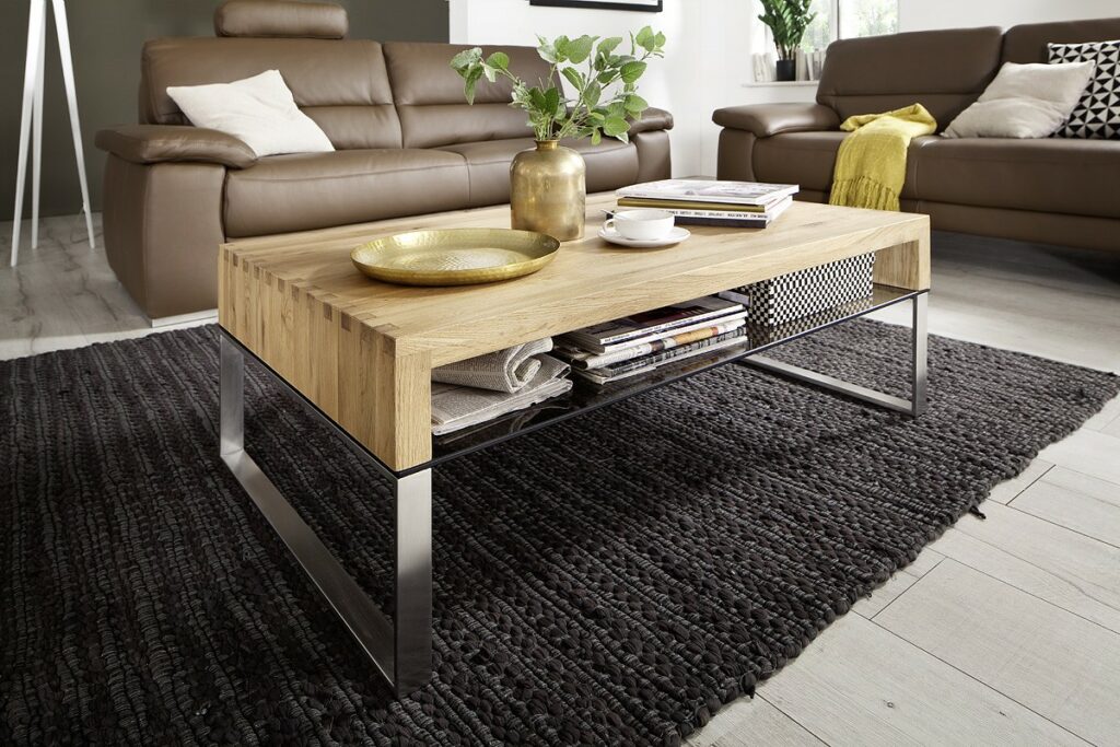 Hilary oak coffee table with stainless steel legs