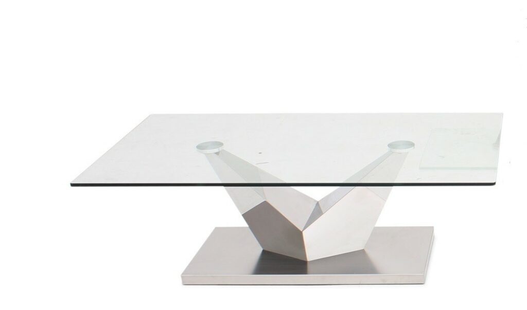 Lora coffee table in polished stainless steel with glass top