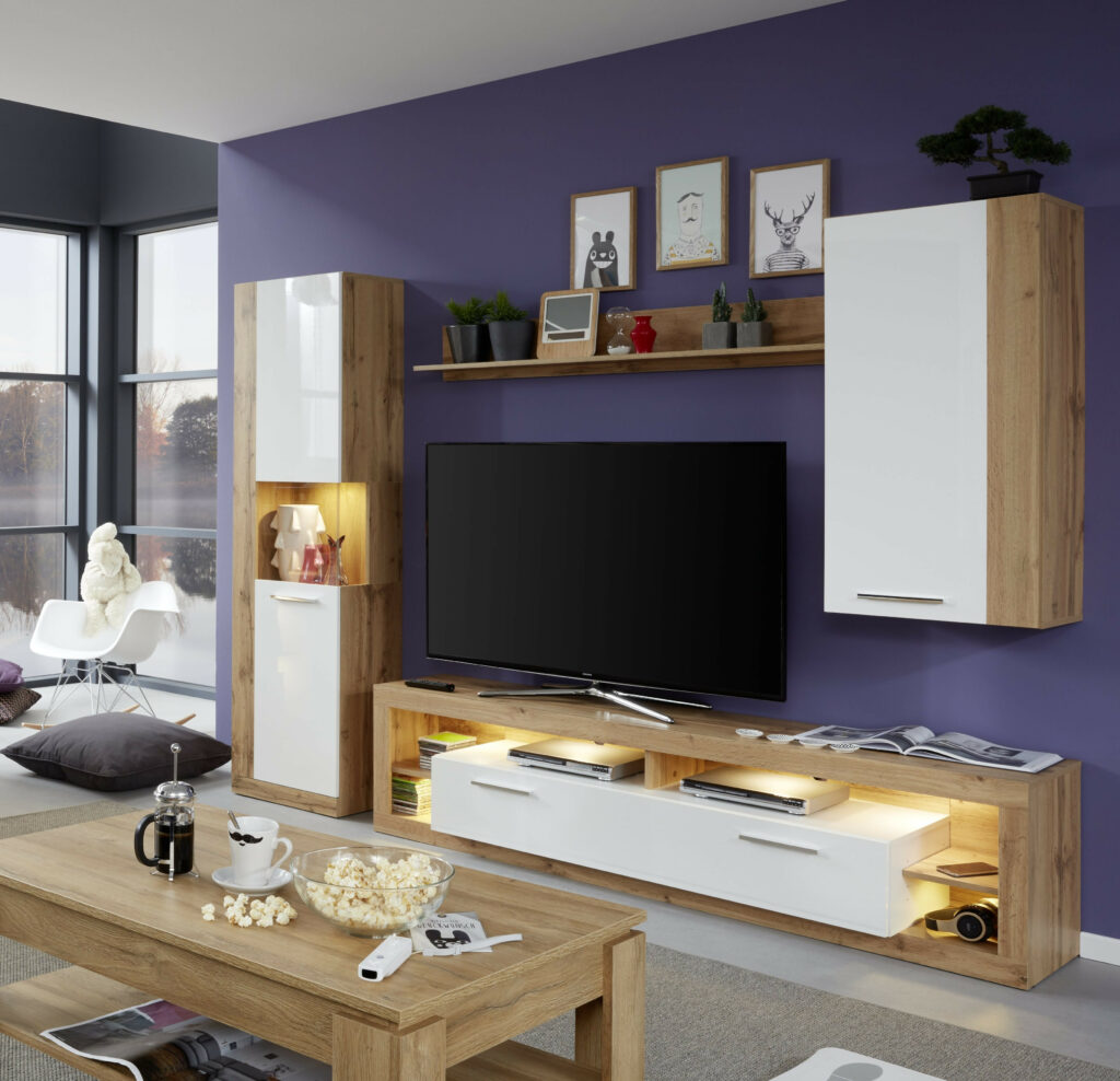 Score I Wall Unit Composition in Wotan Oak and White Gloss Finish