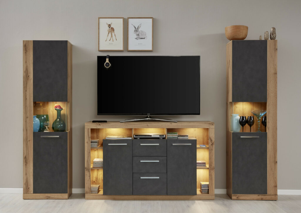 Score II Wall Unit Composition in Wotan Oak and Grey Matera Finish