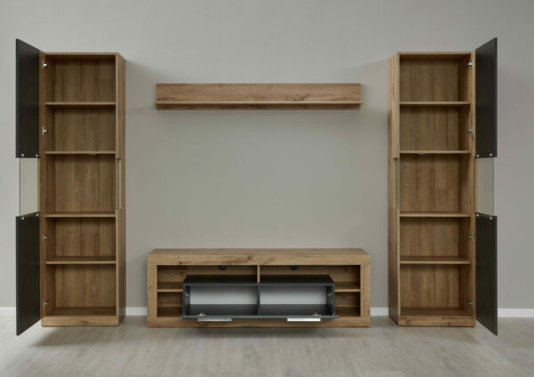 Score III wall unit composition in wotan oak and grey matera finish