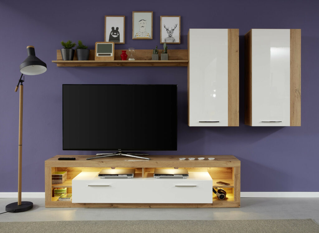 Score V Wall Unit Composition in Wotan Oak and White Gloss Finish