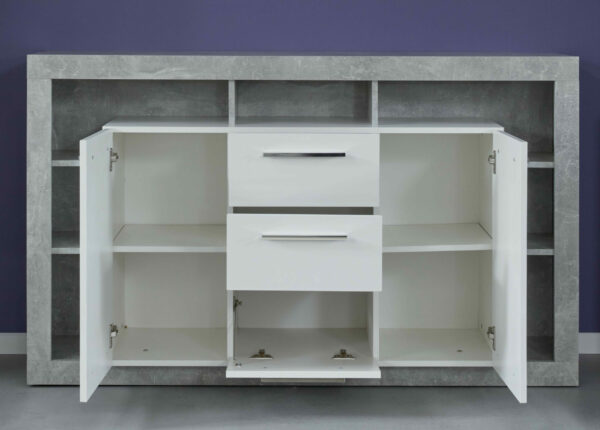 Score sideboard in stone grey and white gloss finish
