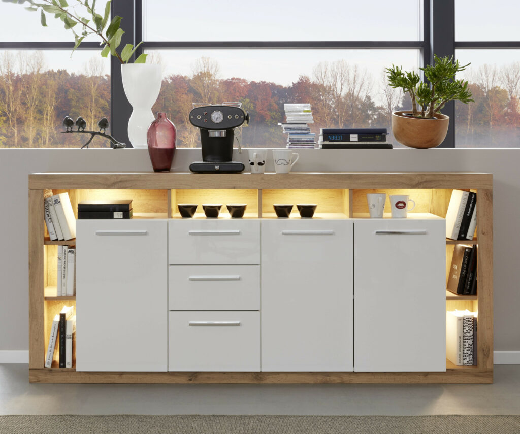 Score Large Sideboard in Wotan Oak and White Gloss Finish
