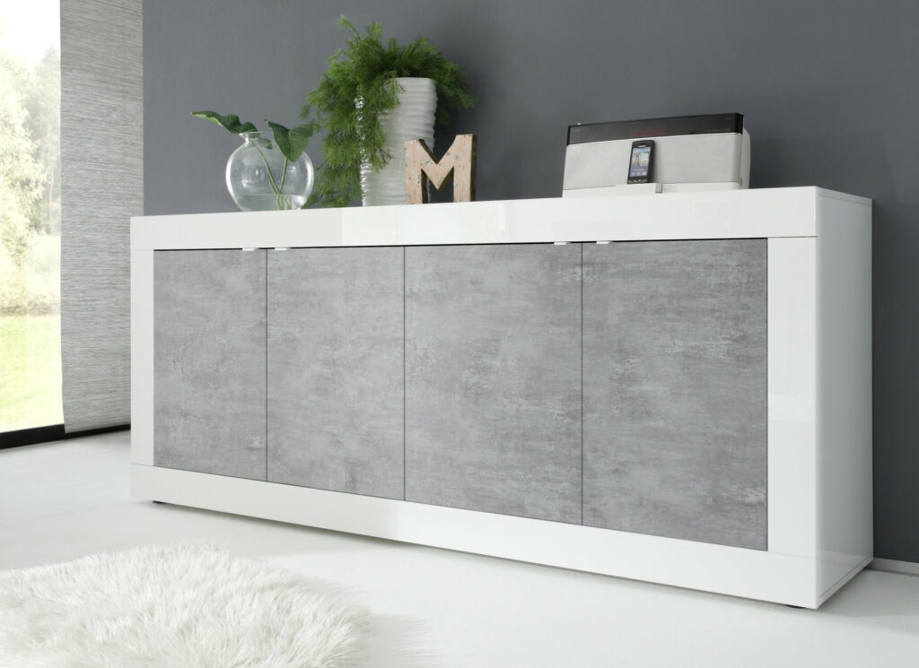 Dolcevita 4 Door White Gloss and Concrete Finish Sideboard