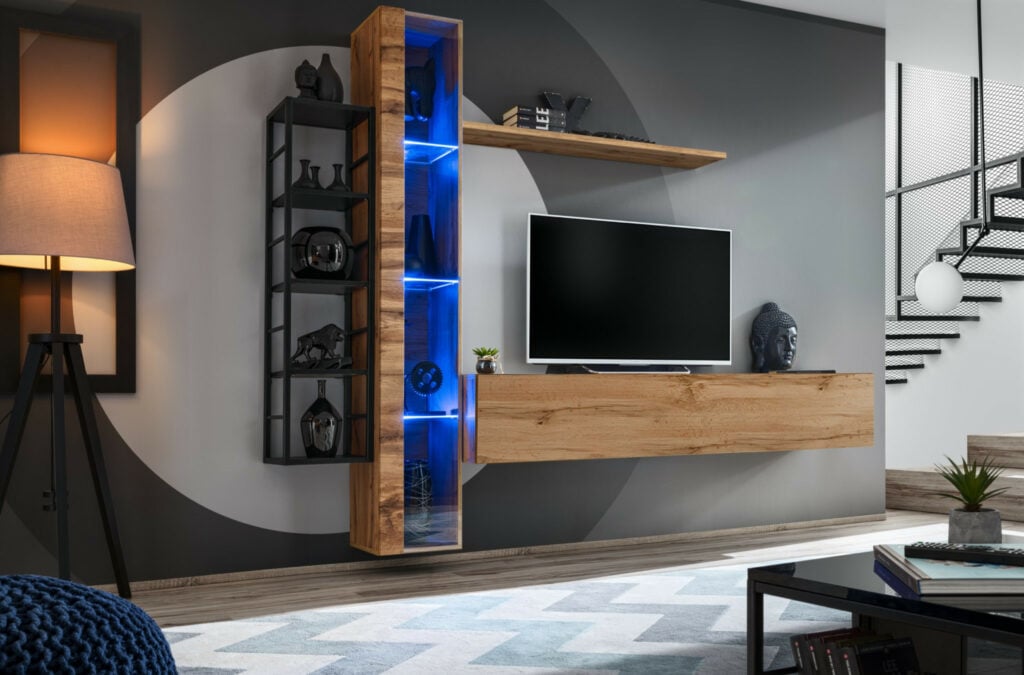 Switch M2 modular wall unit with LED lights and metal rack