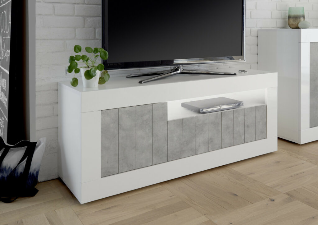 Fiorano 138cm TV unit in white gloss and grey stone finish