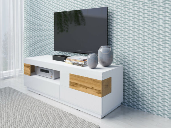 Silke TV stand in White High gloss and Wotan Oak Imitation Finish
