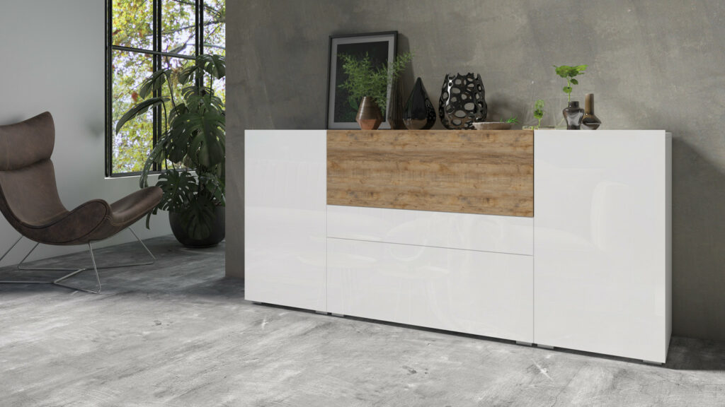 Power Large Sideboard in White High Gloss and Sandal Oak Imitation