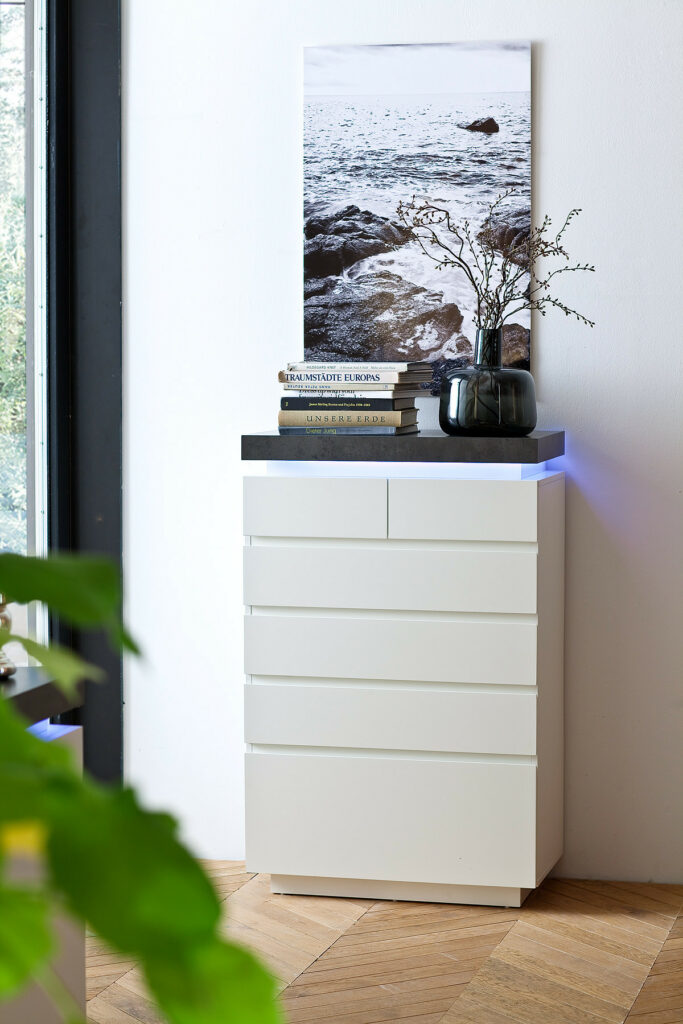 Atena Drawer Chest in Matte Lacquered with LED Lights and Stone Imitation Top