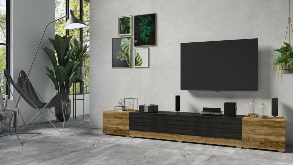 Power TV Stand in Satin Walnut and  Black Wood Imitation