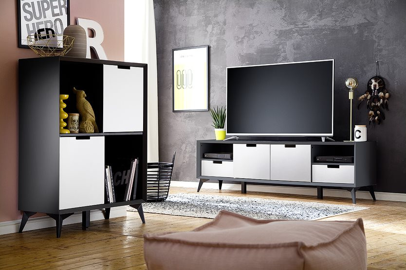 Netanja TV Stand and Highboard Set in Matte Grey and White