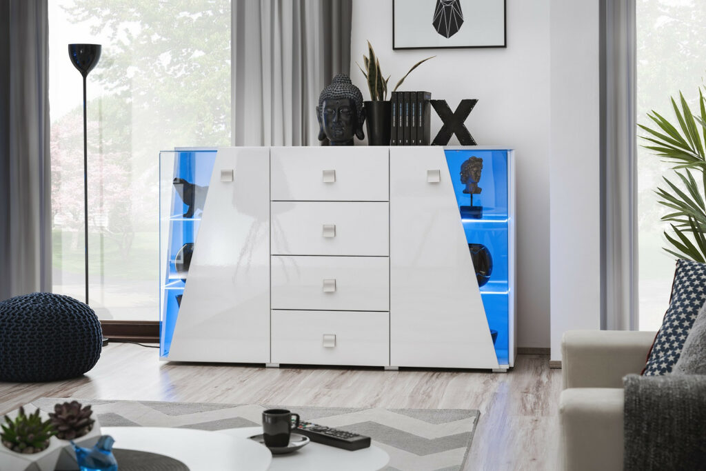 Edgar Sideboard 150 cm in White High Gloss and LED Lights