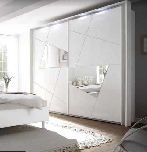Vittoria Sliding Wardrobe in High Gloss White with Decorative Frame and LED Lights