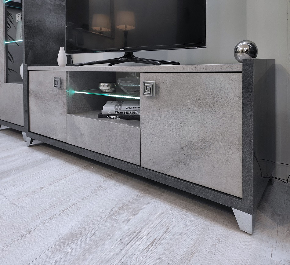 Louis TV Stand 160 cm in Grey High Gloss & Grey Stone Effect Finish
