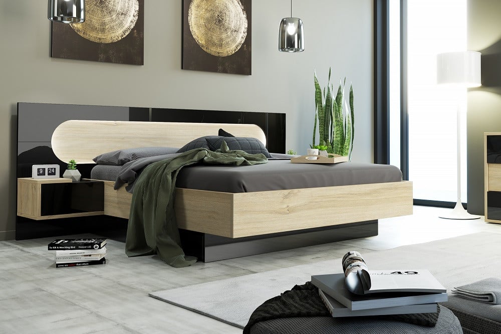 Carlos High Gloss King Size Bed in Black and Oak with LED Light