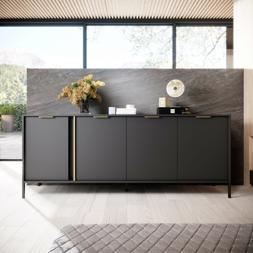 Iris 3 doors Anthracite Sideboard with Gold decor