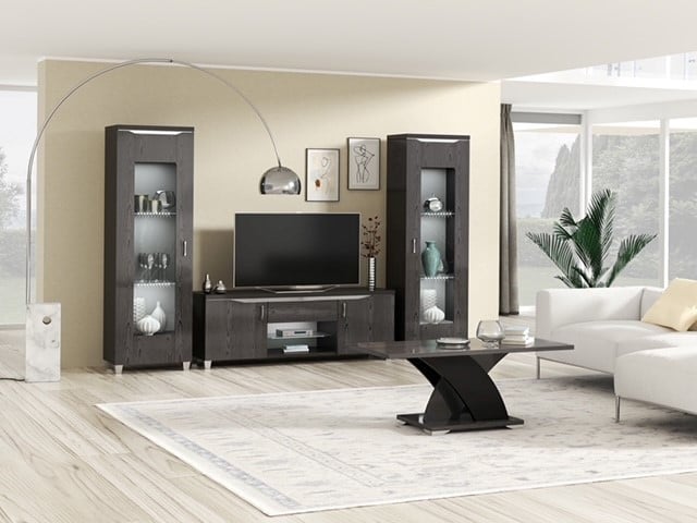 Metro Single Display Cabinet in Black and Grey Glossy Wood