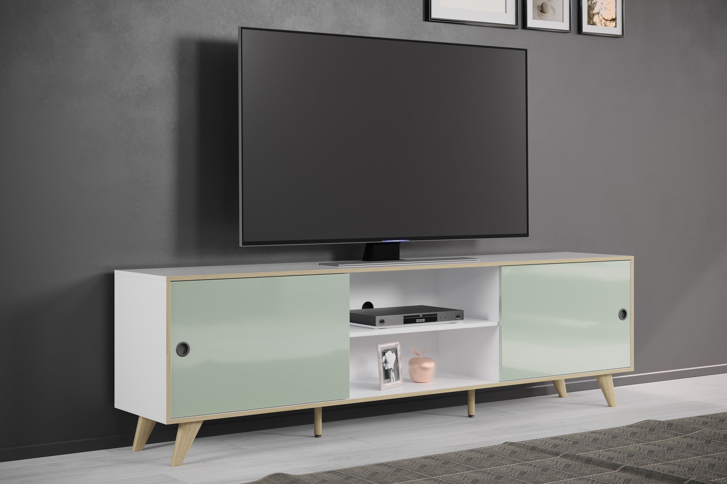 Adele 217cm TV Stand in White and Green High Gloss Lacquer Finish