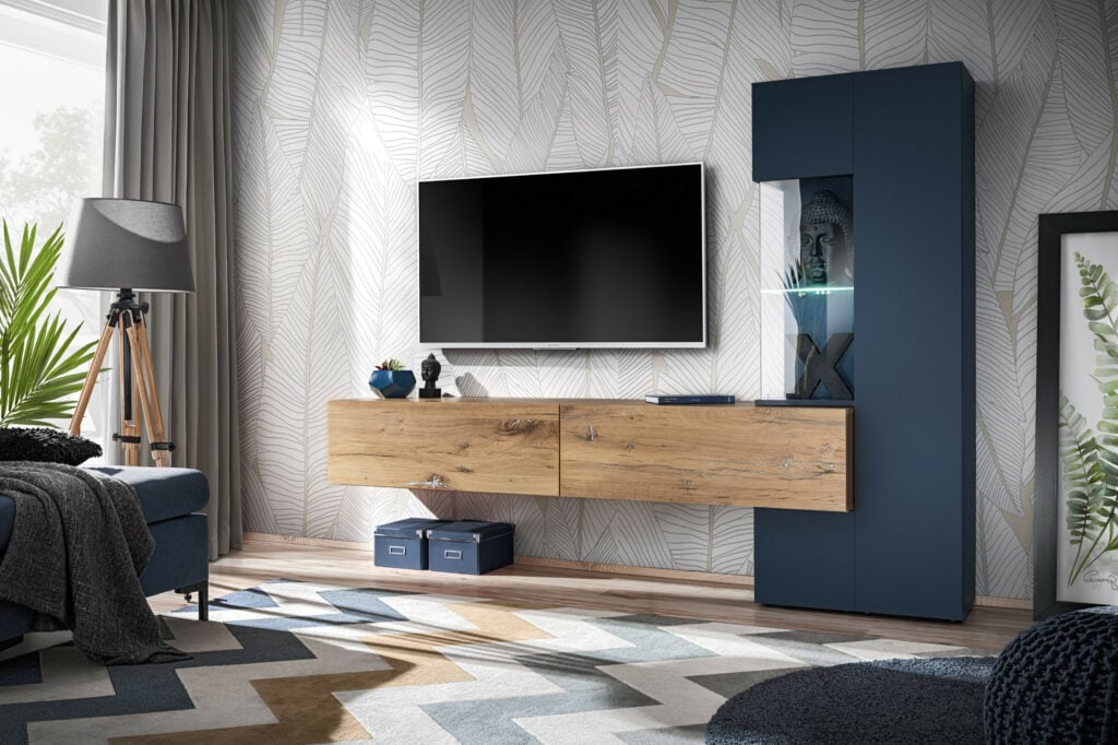 Migel 210cm Entertainment Compact Wall Unit In Oak and Navy Blue
