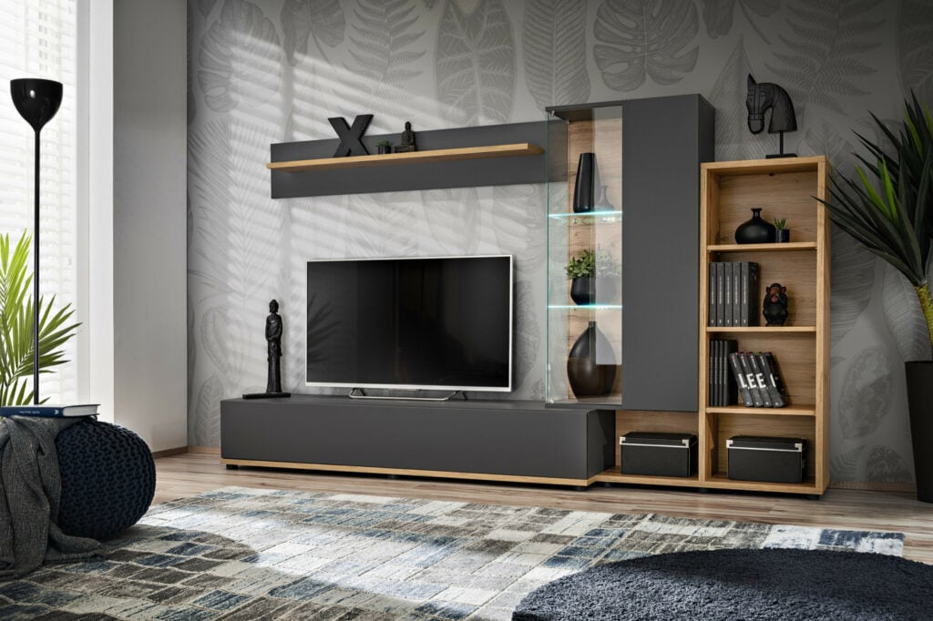 Sillo 240cm Entertainment Wall Unit In Grey and Wotan Oak