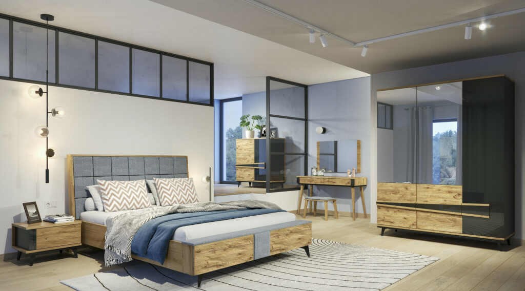 Etna Wooden modern Bed in Oak finish with Bedside cabinets