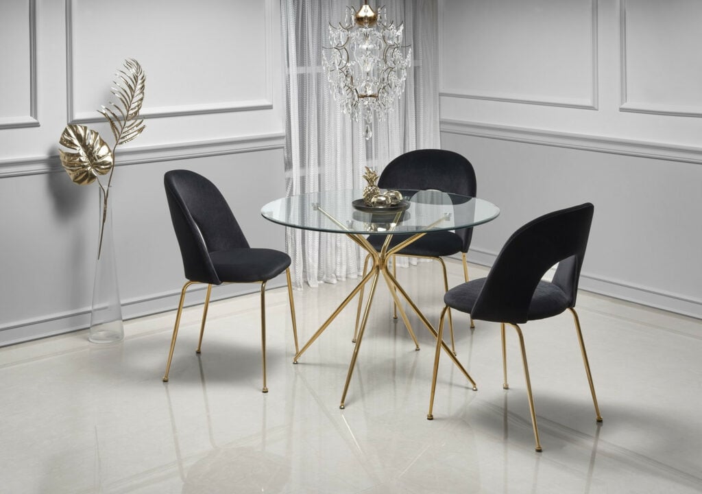 Rondo110cm  Clear Glass Round Dining Table With Gold Legs