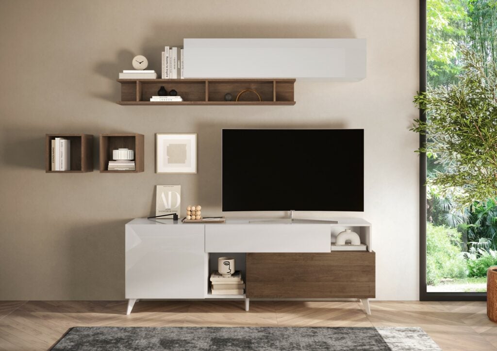 Monaco 181cm TV Stand in White High Gloss and Walnut