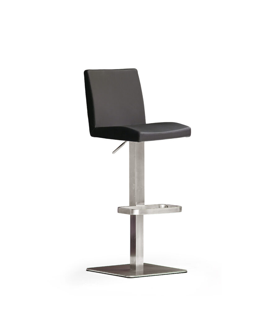 Lopez Modern Bar Stool in Black Leather and Stainless Steel