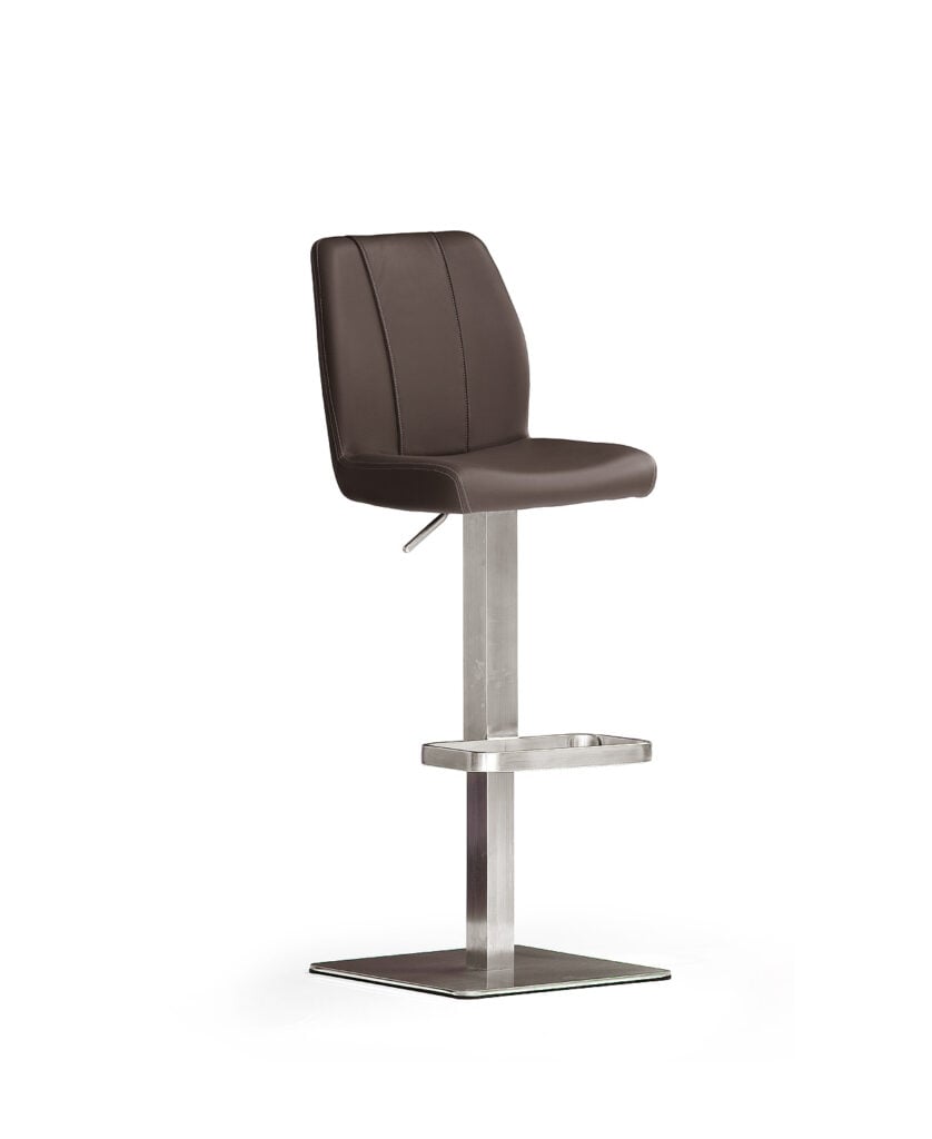Naomi Modern Bar Stool in Brown Leather and Stainless Steel