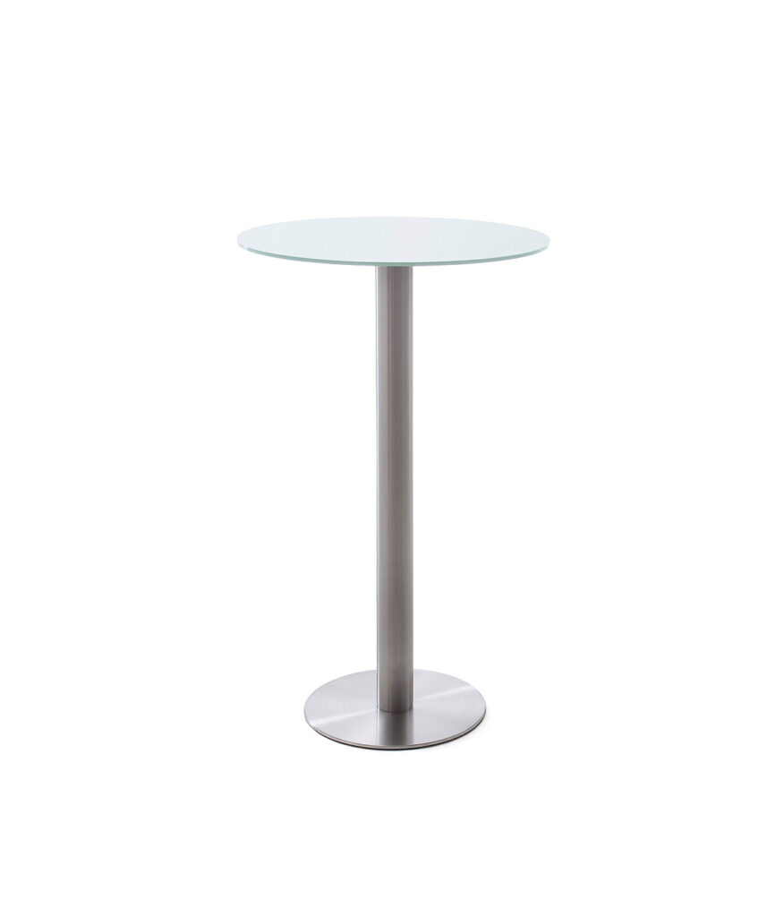 Zaria Tall Bar Table in Stainless Steel and White Glass
