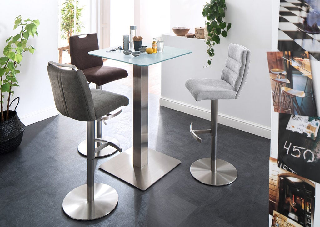 Zaria II Tall Bar Table in Stainless Steel and White Glass