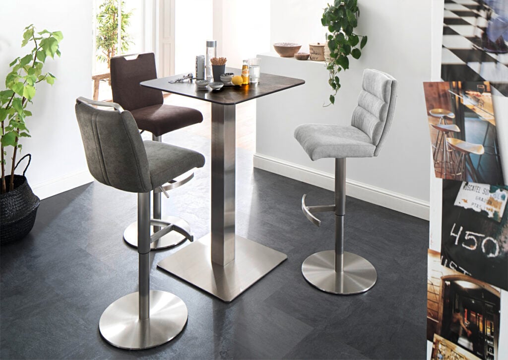 Zaria II Tall Bar Table in Stainless Steel and Mocca Ceramic Top