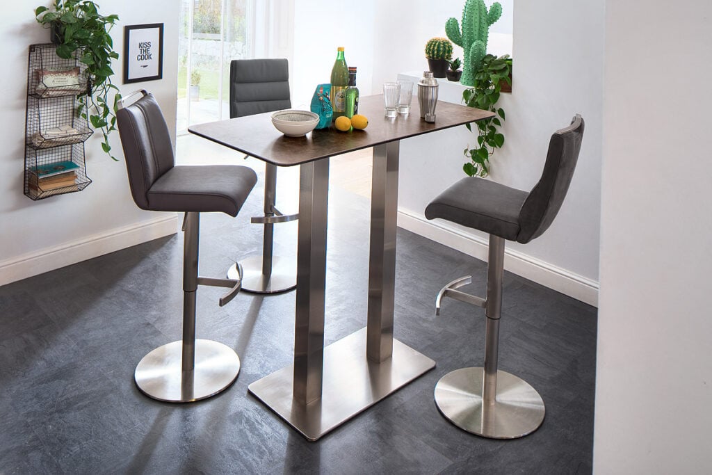 Zaria III Tall Bar Table in Stainless Steel and Mocca Ceramic Top