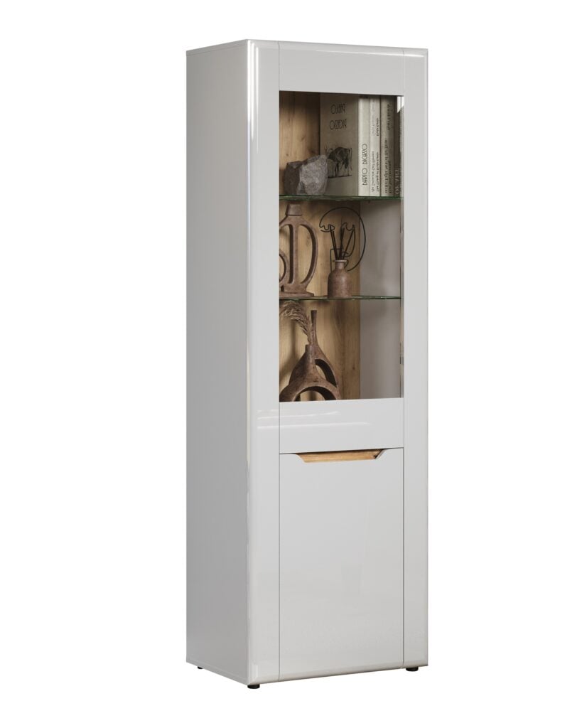 Marlon Display Cabinet in White High Gloss and Oak Decor
