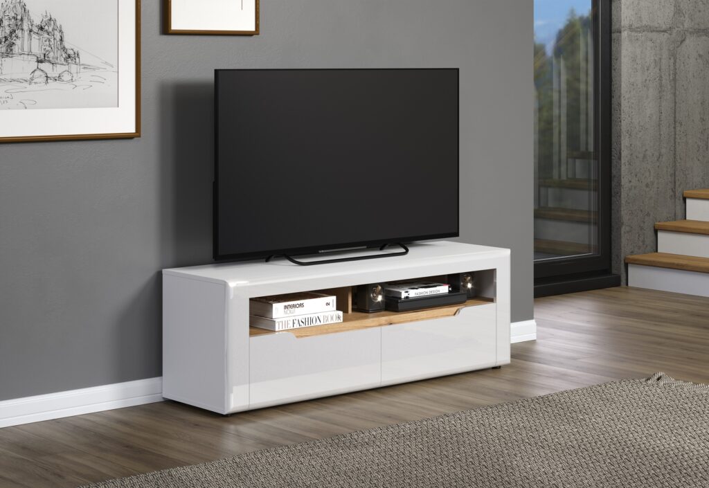 Marlon 150cm TV Stand in White High Gloss and Oak Decor