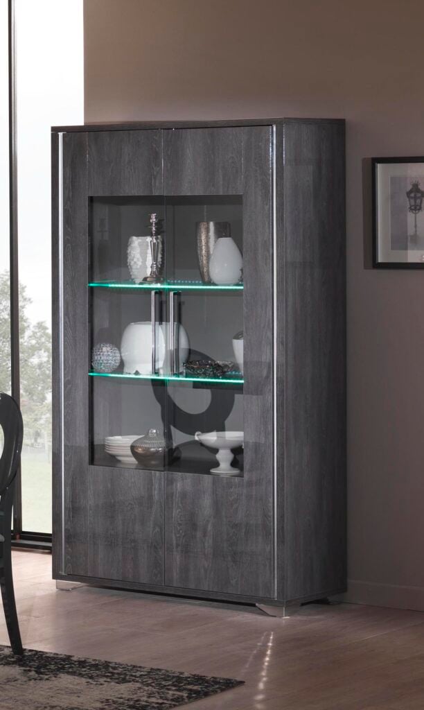 Mona 2 Door Display Cabinet in Grey Glossy Wood