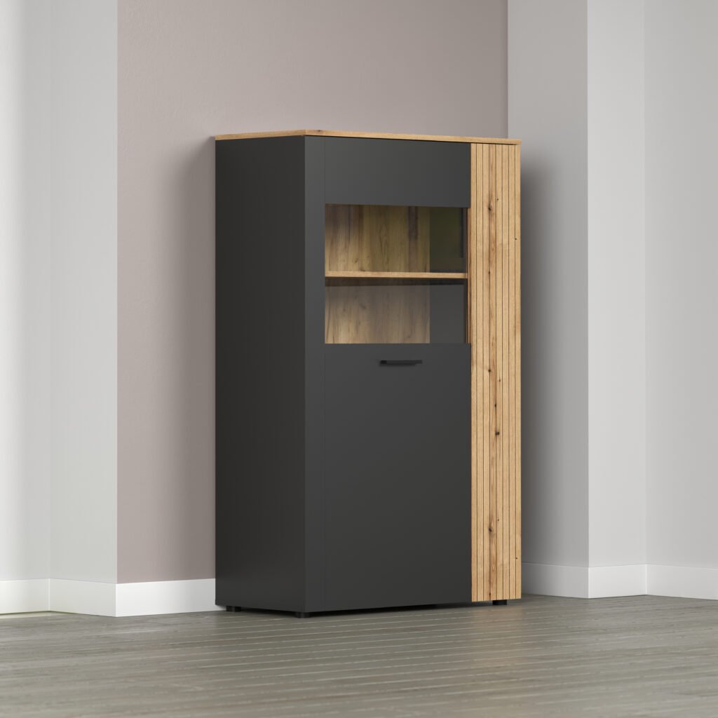 Esteban 90cm Display Highboard in Grey and Oak finish with LED Lights