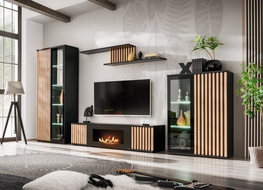 Carmen Furniture Wall Set With Fireplace in Black and Decorative Oak Stripes