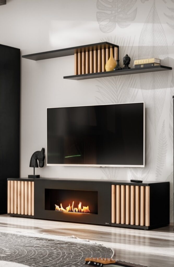 Carmen TV Stand With Fireplace in Black and Decorative Oak Stripes