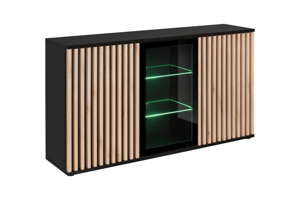 Carmen 160cm Sideboard In Black With Decorative Wood Panels