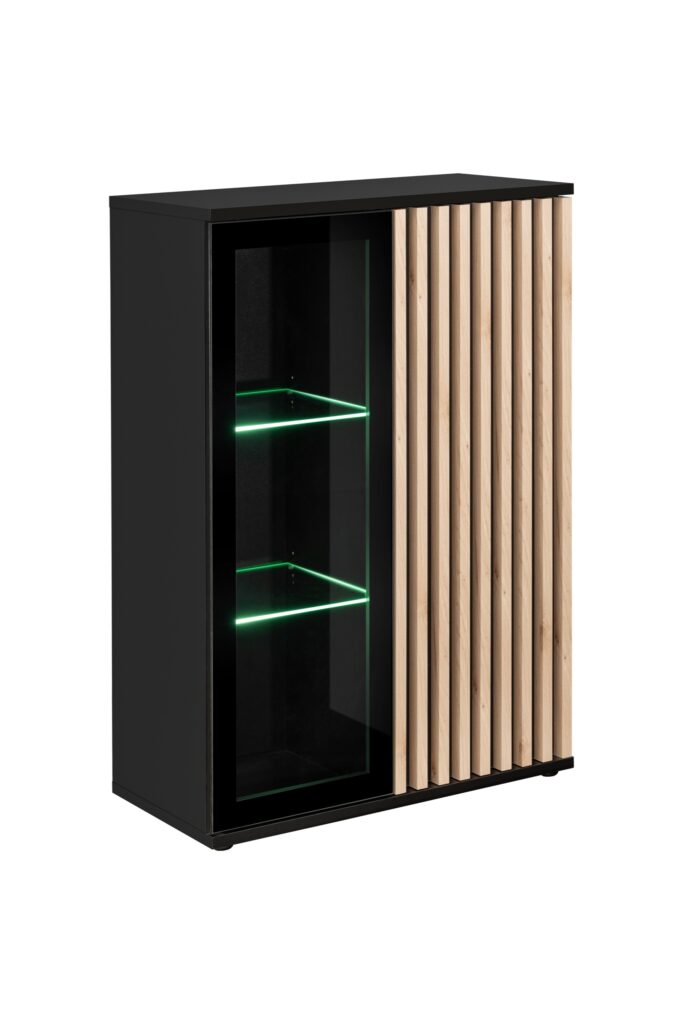 Carmen 80cm Display Highboard In Black With Decorative Wooden Stripes