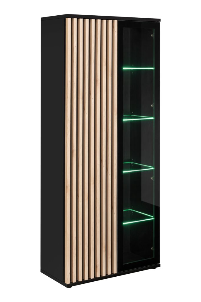 Carmen 80cm Tall Display Cabinet In Black With Decorative Wooden Stripes