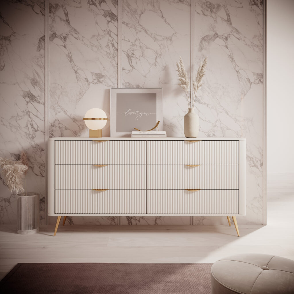 Luna 163cm 6 Chest of Drawers in Beige and Gold Matt Finish
