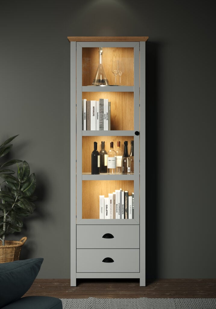 Riverside 65cm Narrow Display Cabinet in Light Grey With LED Lights