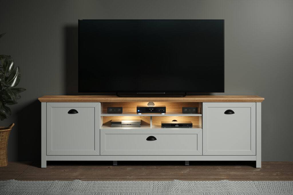 Riverside 203cm TV Stand in Light Grey With LED Lights
