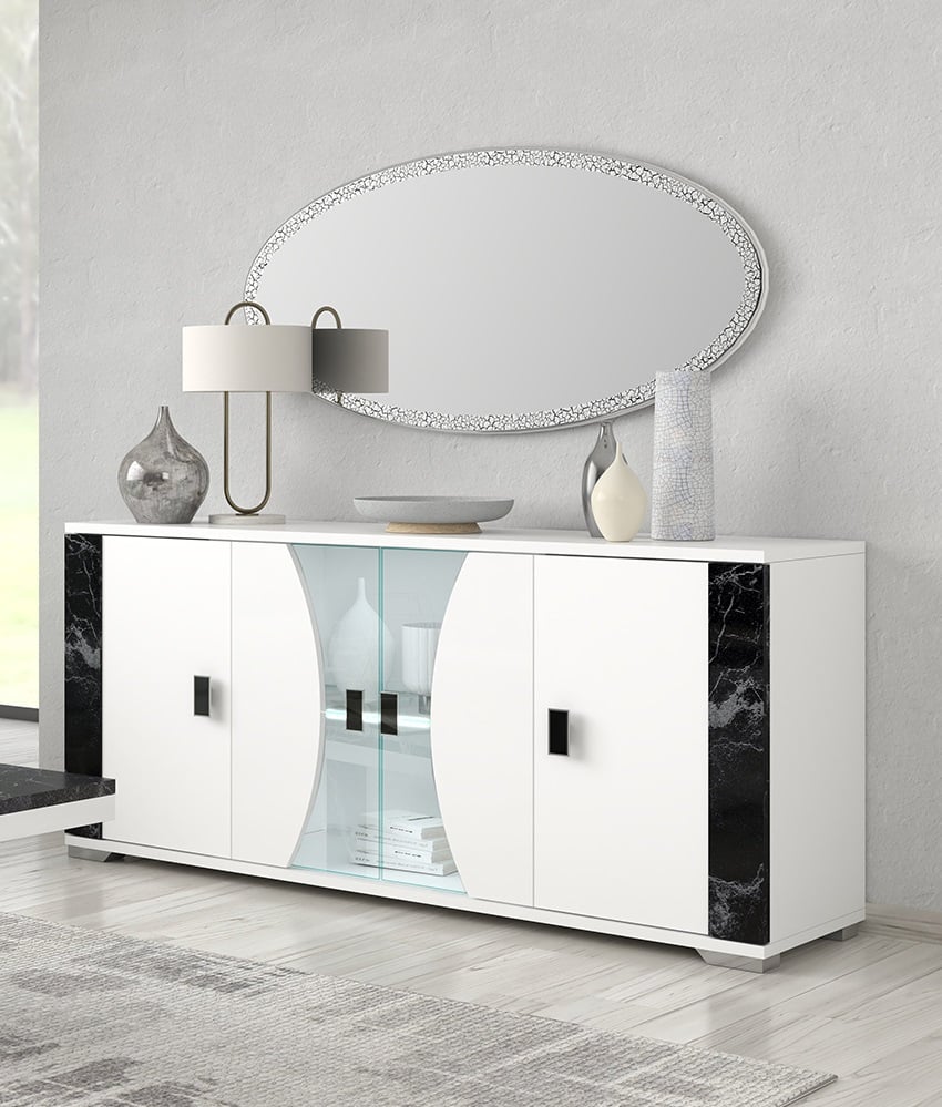 Nevada 190cm 4 door Sideboard in White and Black Marble High Gloss