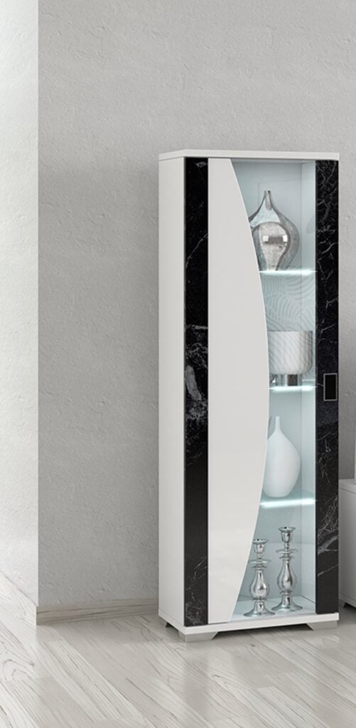 Nevada Narrow Display Cabinet in White and Black Marble High Gloss